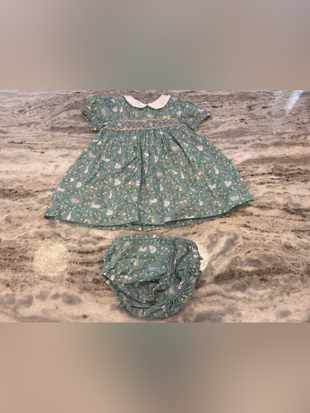 Mini Boden Green Bunny & Floral Smocked Dress with Bloomers